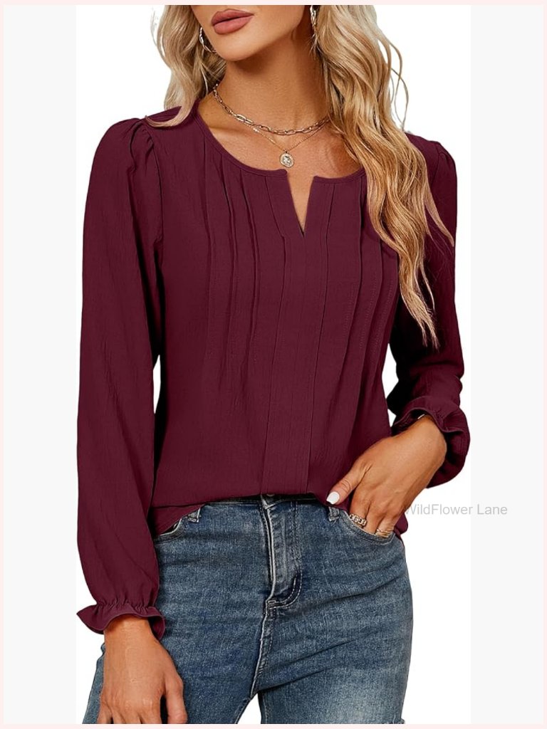 V Neck Long Sleeve Blouse With Pleated Front Ruffle Cuffs